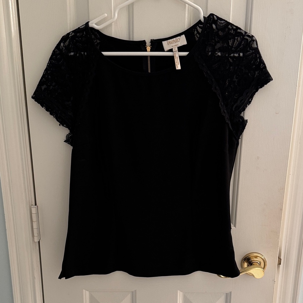 Laundry By Shelli Segal Black Blouse with Lace Sleeves